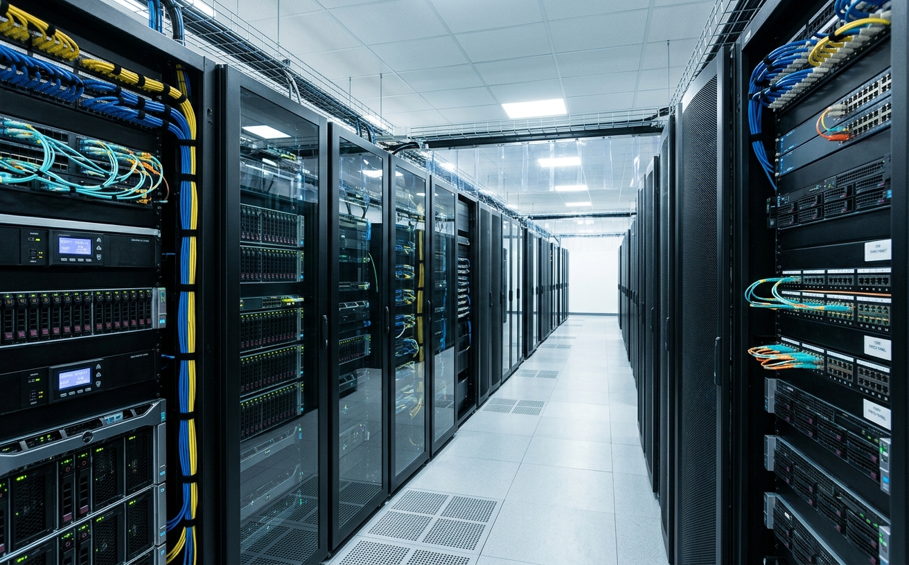 Rangée de baies serveurs et stockage en salle informatique