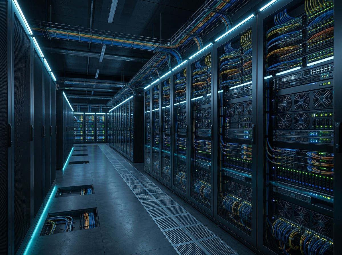 Allée de baies serveurs dans un datacenter, câblage réseau ordonné