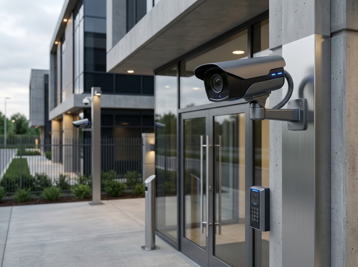 Caméra de vidéosurveillance IP fixée en façade